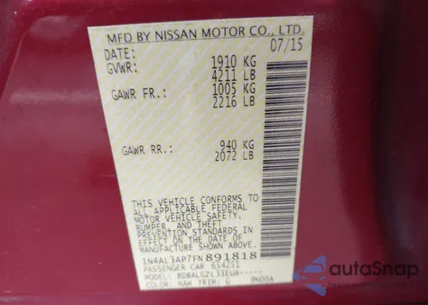 2015 Nissan Altima 2.5/2.5 S/2.5 Sl/2.5 Sv from USA, damaged, VIN 1N4AL3AP7FN891818